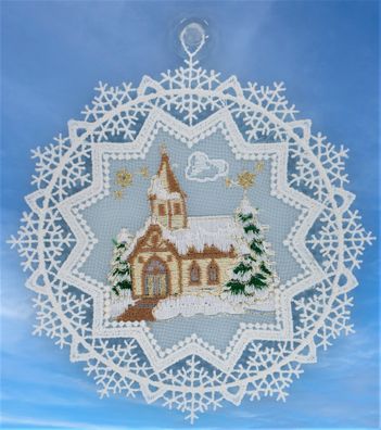 Plauener Spitze Fensterbild Weihnachten Weiß Stickerei Kirche Fensterdekoration