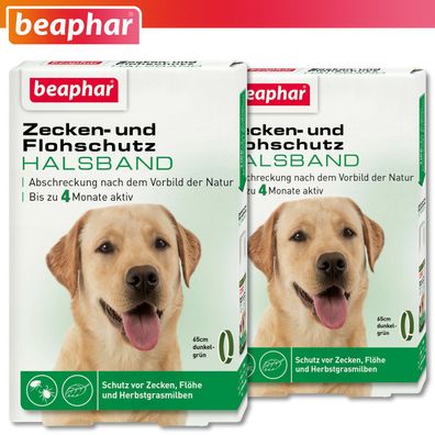 Beaphar 2 x Zecken- und Flohschutz Halsband Hund 65 cm dunkelgrün 4 Monate aktiv