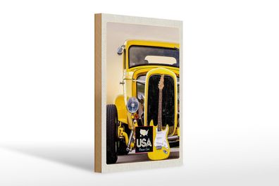 Holzschild Reise 20x30 cm Amerika Oldtimer gelb Auto Gitarre Schild wooden sign