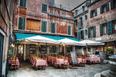 Glasbild Wandbild Bild Fotokunst Foto Deko 120cm Italien Restaurant Terasse