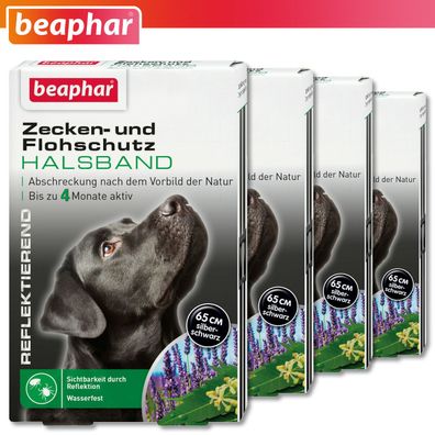 Beaphar 4 x Zecken- und Flohschutz Halsband 65 cm für Hunde | reflektierend