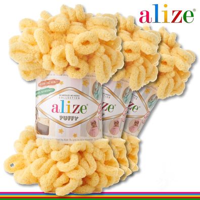 Alize 3 x 100 g Puffy Premium Wolle | 509 Zitrone | Schlaufenwolle Handstricken