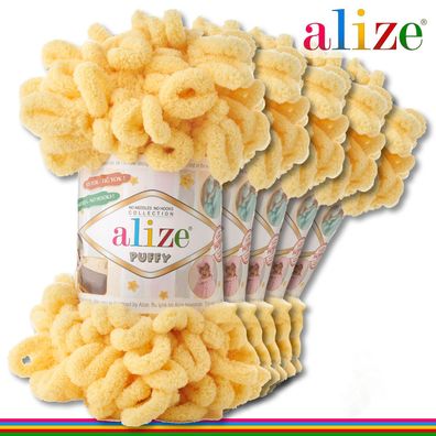 Alize 5 x 100 g Puffy Premium Wolle | 509 Zitrone | Schlaufenwolle Handstricken