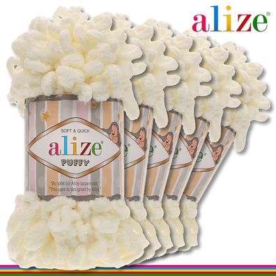 Alize 5 x 100 g Puffy Premium Wolle | 62 Hellcreme |Schlaufenwolle Handstricken