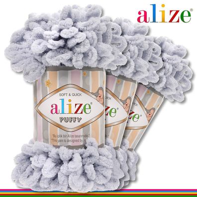 Alize 3 x 100 g Puffy Premium Wolle |416 Hellgrau| Schlaufenwolle Handstricken