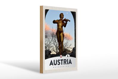 Holzschild Reise 20x30 cm Österreich Skulptur Mann Geige gold Schild wooden sign