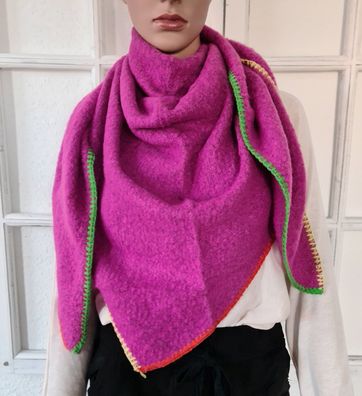 Blogger Super Flausch XL Dreieckstuch Schal bunter Rand Viskose Wolle Pink