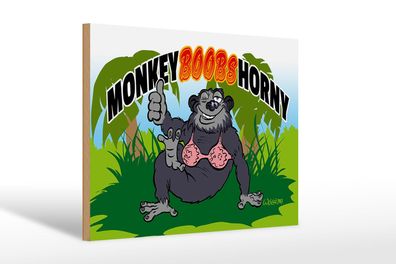 Holzschild Spruch 30x20 cm Monkey Boobs Horny Affe im BH Deko Schild wooden sign