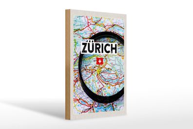 Holzschild Reise 20x30cm Zürich Schweiz Karte Lupe Stadt Deko Schild wooden sign