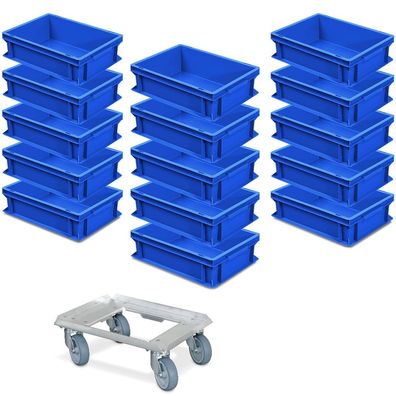 15 Eurobehälter 400x300x120 mm, blau, lebensmittelecht + 1 Alu-Transportroller GRATIS