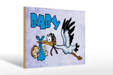 Holzschild Baby 30x20 cm Storch bringt Kind in blau Holz Deko wooden sign
