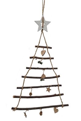 Holz Tannen Baum aus 7 Ästen mit Deko - 70cm - Weihnachten Advent Wand Behang