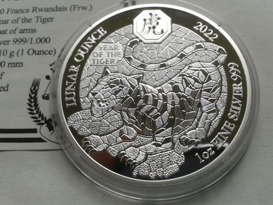 50 Francs 2022 PP Ruanda Lunar Tiger 1 Unze Silber mit Zertifikat 50 Francs 2022 PP
