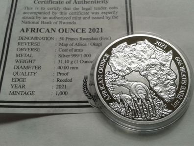 50 Francs 2022 PP Ruanda Okapi 1 Unze Silber mit Zertifikat 50 FRW 2022 PP Ruanda