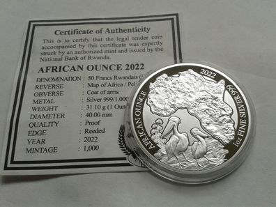 50 Francs 2022 PP Ruanda Pelikan 1 Unze Silber mit Zertifikat 50 FRW 2022 PP Ruanda