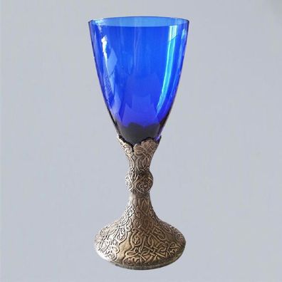 Glaskelch mit massivem Zinnfuß Knotenmuster saphirblau 20 x 8 cm Altarkelch