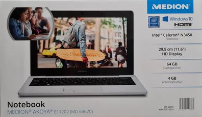 Medion Akoya E11202 (MD63670) 29,46 cm (11,6 Zoll) Notebook, Intel Celeron N3450, ...