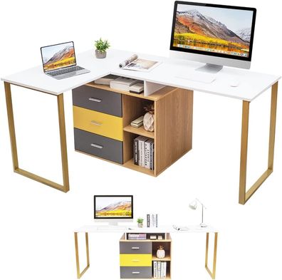Eckschreibtisch Schreibtisch mit 3 Schubladen & 2 offenen Fächern, Langen Tisch 220cm