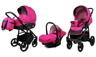 Polbaby Kinderwagen Axel, 3 in 1 - Set Wanne Buggy Babyschale Autositz Pink