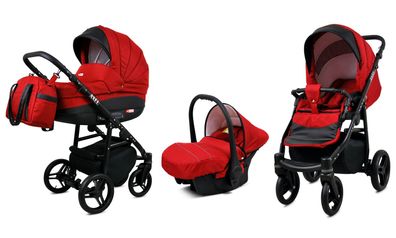 Polbaby Kinderwagen Axel, 3 in 1 - Set Wanne Buggy Babyschale Autositz Red
