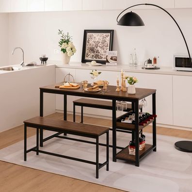 Bartisch-Set 3-teilig, Esstisch mit 2 Bänken, Essgruppe Metallgestell Küchentisch
