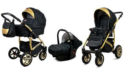 Kinderwagen Gold Lux Alu Onyx, 3in1- Set Wanne Buggy Babyschale Autositz mit Zubehör