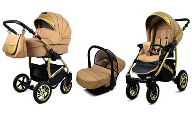Kinderwagen Gold Lux Alu Sand Pearl,3in1-Set Wanne Buggy Babyschale Autositz