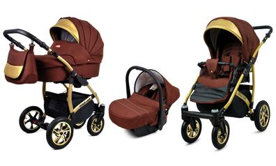 Kinderwagen Gold Lux Alu Chocolate,3in1- Set Wanne Buggy Babyschale Autositz