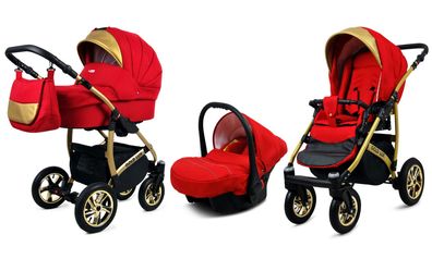 Kinderwagen Gold Lux Alu Scarlet,3in1-Set Wanne Buggy Babyschale Autositz mit Zubehör