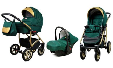 Kinderwagen Gold Lux Alu,3in1-Set Wanne Buggy Babyschale Autositz -Bottle Green