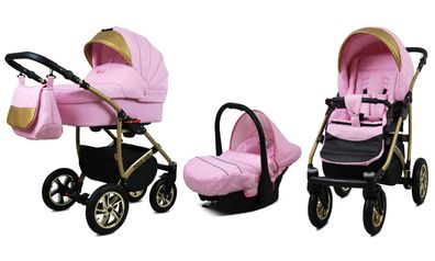 Kinderwagen Gold Lux Alu,3in1-Set Wanne Buggy Babyschale Autositz-Light Pink