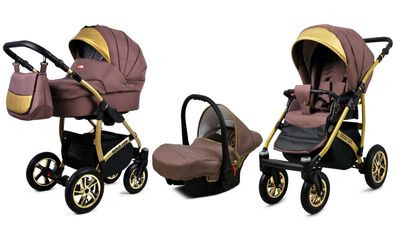 Kinderwagen Gold Lux Alu,3in1-Set Wanne Buggy Babyschale Autositz-Mokka