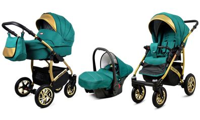 Kinderwagen Gold Lux Alu,3in1-Set Wanne Buggy Babyschale Autositz-Ocean Green