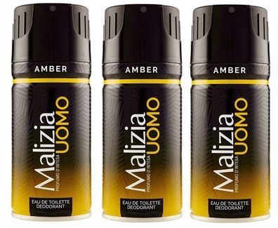 Malizia Uomo Amber Deo 3 x 150ml Deodorant Eau de Toilette Spray