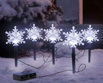 LED Garten Stecker 5 Schneeflocken - 21 cm - Außen Weihnachts Deko Timer Batterie