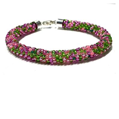 Edelschmiede925 handgefertigtes Häkelarmband aus Glasperlen - Farbmix rosa grün - ...