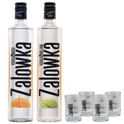 Zalowka Set: je 1 Vodka Melone + Vodka Karamell 21%Vol. 0,7l + 4 Gläser