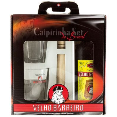 Velho Barreira Caipirinha Set Silver 39%vol. 0,7l mit Stößel & 2x Glas
