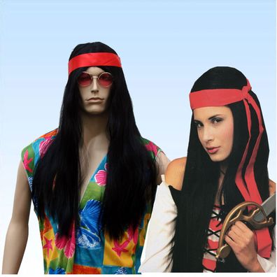 Schwarze lange Perücke mit Stirnband Hippie / Piratin Langhaarperücke Pirat