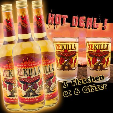 Zekilla Set: 3 x 0,7 ltr. 20% Vol. + 6 original Zekilla Gläser