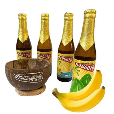 4 Flaschen Mongozo Banane Bier inkl. Mongozo Trinkbecher aus einer Kokosnuss