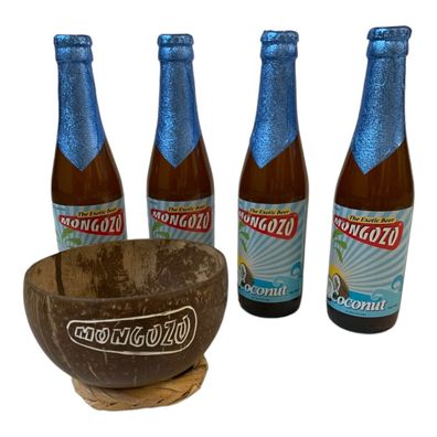 4 Flaschen Mongozo Coconut Bier inkl. Mongozo Trinkbecher aus einer Kokosnuss