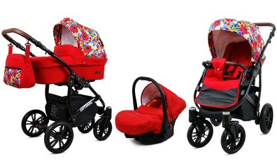 Kinderwagen Optimal,3in1 -Set Wanne Buggy Babyschale Autositz mit Zubehör Red Tulips
