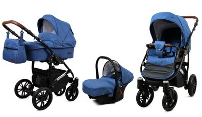 Polbaby Kinderwagen Optimal,3in1 -Set Wanne Buggy Autositz mit Zubehör Blue Flex