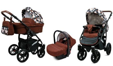 Polbaby Kinderwagen Optimal,3in1-Set Wanne Buggy Autositz mit Zubehör FlowersOf Aples