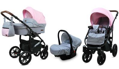 Polbaby Kinderwagen Optimal,3in1-Set Wanne Buggy Autositz mit Zubehör Light Pink