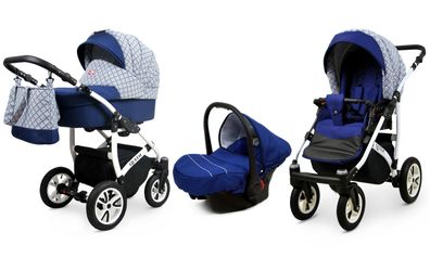 Kinderwagen Queen Alu, -3in1 Set Wanne Buggy Babyschale Autositz mit Zubehör blue
