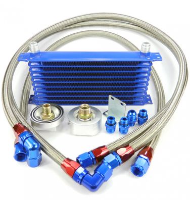 Aluminium Ölkühler Set / Kit 10 Rippen blau, Dash 10, inkl. Adapter + Stahlflex