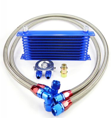 Aluminium Ölkühler Set / Kit 10 Rippen blau, Dash 10, inkl. Anschlussstücke