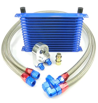 Aluminium Ölkühler Set / Kit 15 Rippen blau, Dash 10, inkl. Adapter + Stahlflex